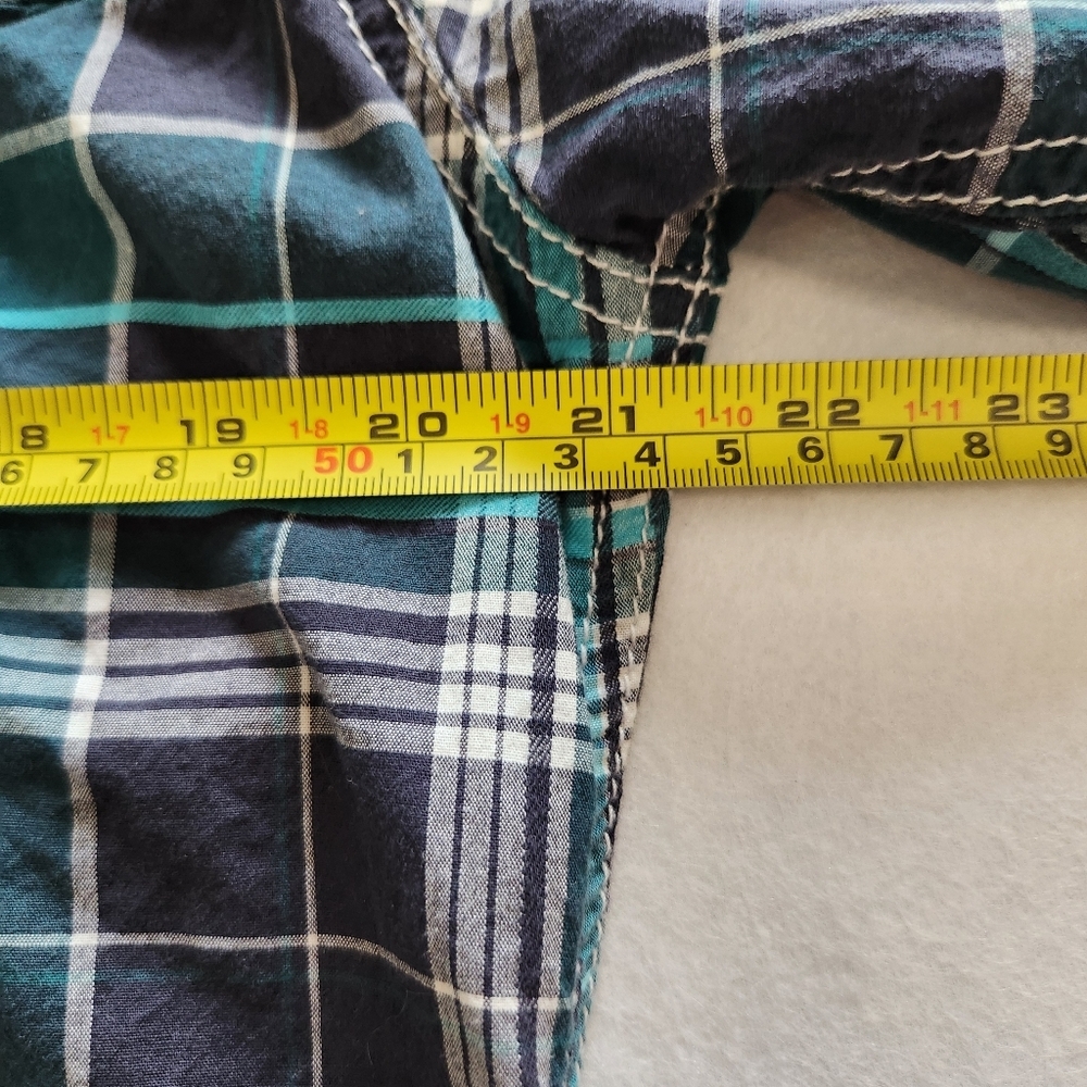 BKE Western Teal & Navy Plaid Slim Fit Stretch Pearl Snap Size Large - Picture 8 of 10